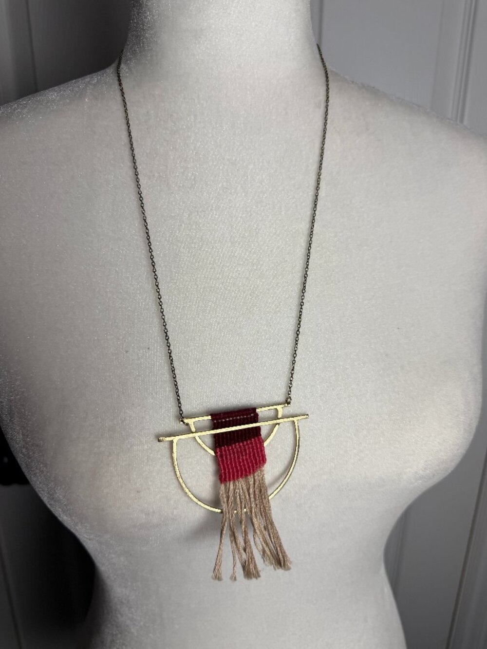 Boho Embroidered Pendant Necklace Gold Tone